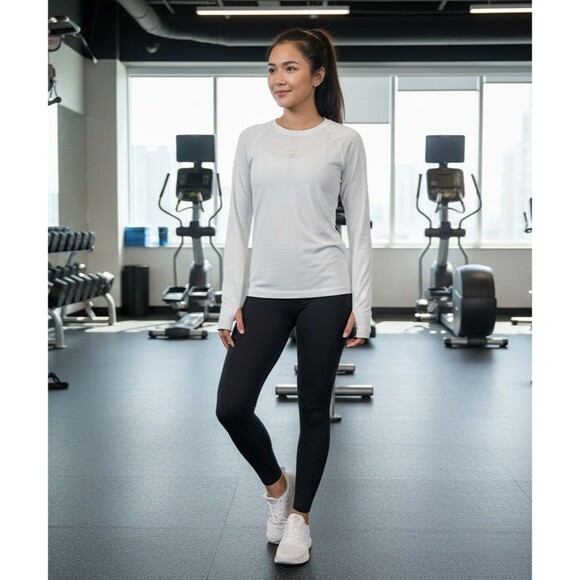 ALK Women's 6 Lululemon White & Silver Long Sleeve Shirt Tee T-Shirt Thumbholes - Picture 1 of 9